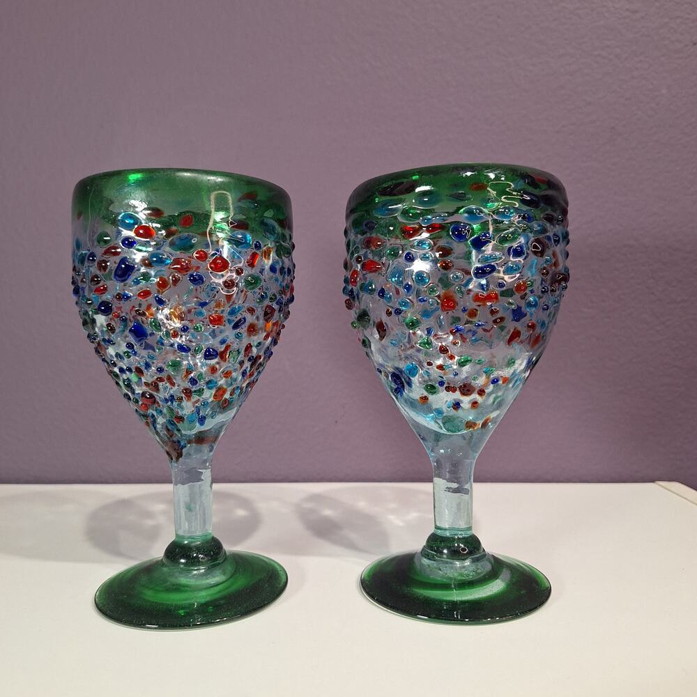 Hand-blown thick confetti glass wayer goblets set of 2 green blue speckled - Picture 5 of 5